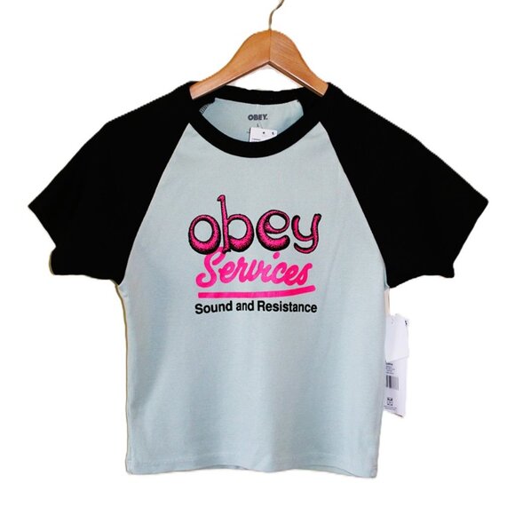 nwt OBEY Services Graphic Stevie Baby Tee in Surf Spray - Size L - Picture 3 of 14